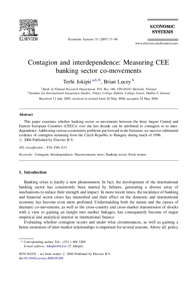 Contagion and interdependence: Measuring CEE banking sector co-movements