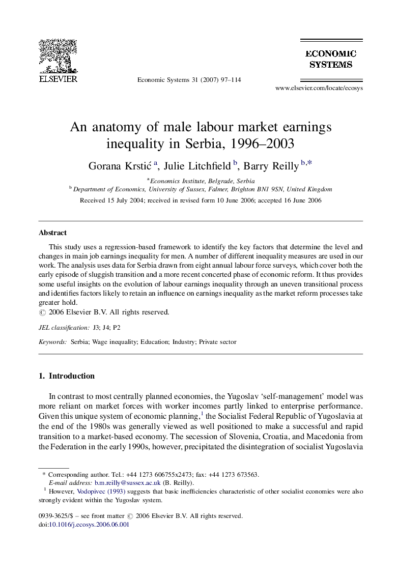 An anatomy of male labour market earnings inequality in Serbia, 1996-2003