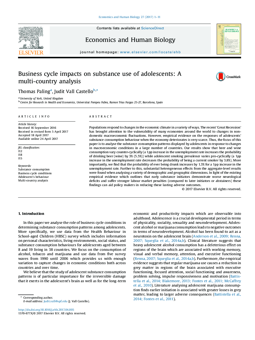 Business cycle impacts on substance use of adolescents: A multi-country analysis