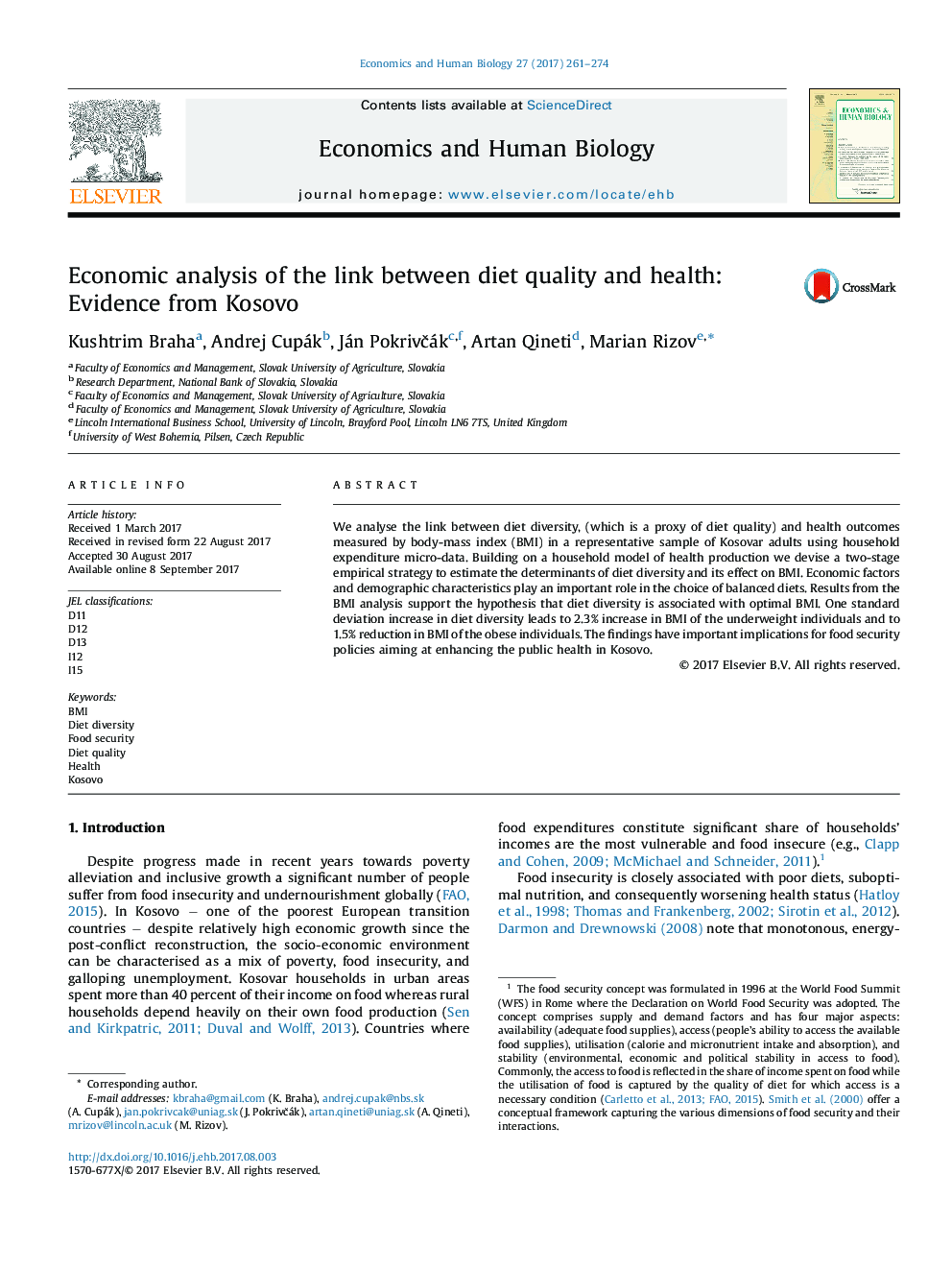 تجزیه و تحلیل اقتصادی ارتباط بین کیفیت رژیم و سلامت: شواهد از کوزوو 