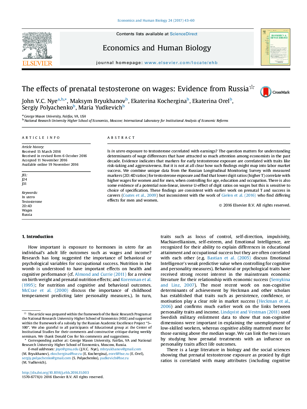 The effects of prenatal testosterone on wages: Evidence from Russia