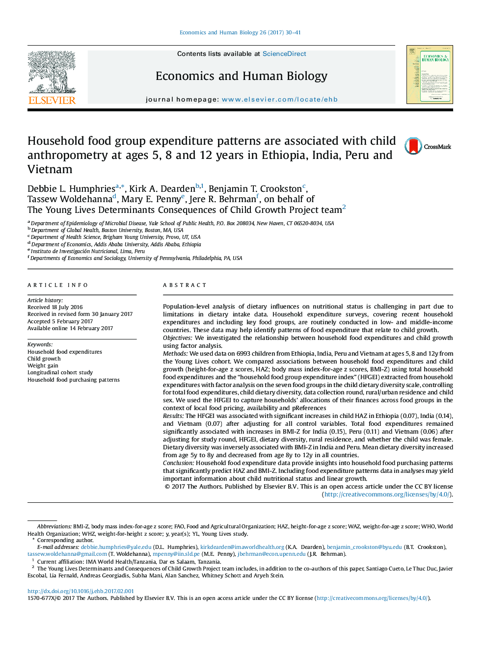 الگوهای هزینه های گروه غذای خانگی با آنتروپومتری کودک در سن 5، 8 و 12 سال در اتیوپی، هند، پرو و ​​ویتنام همراه است 
