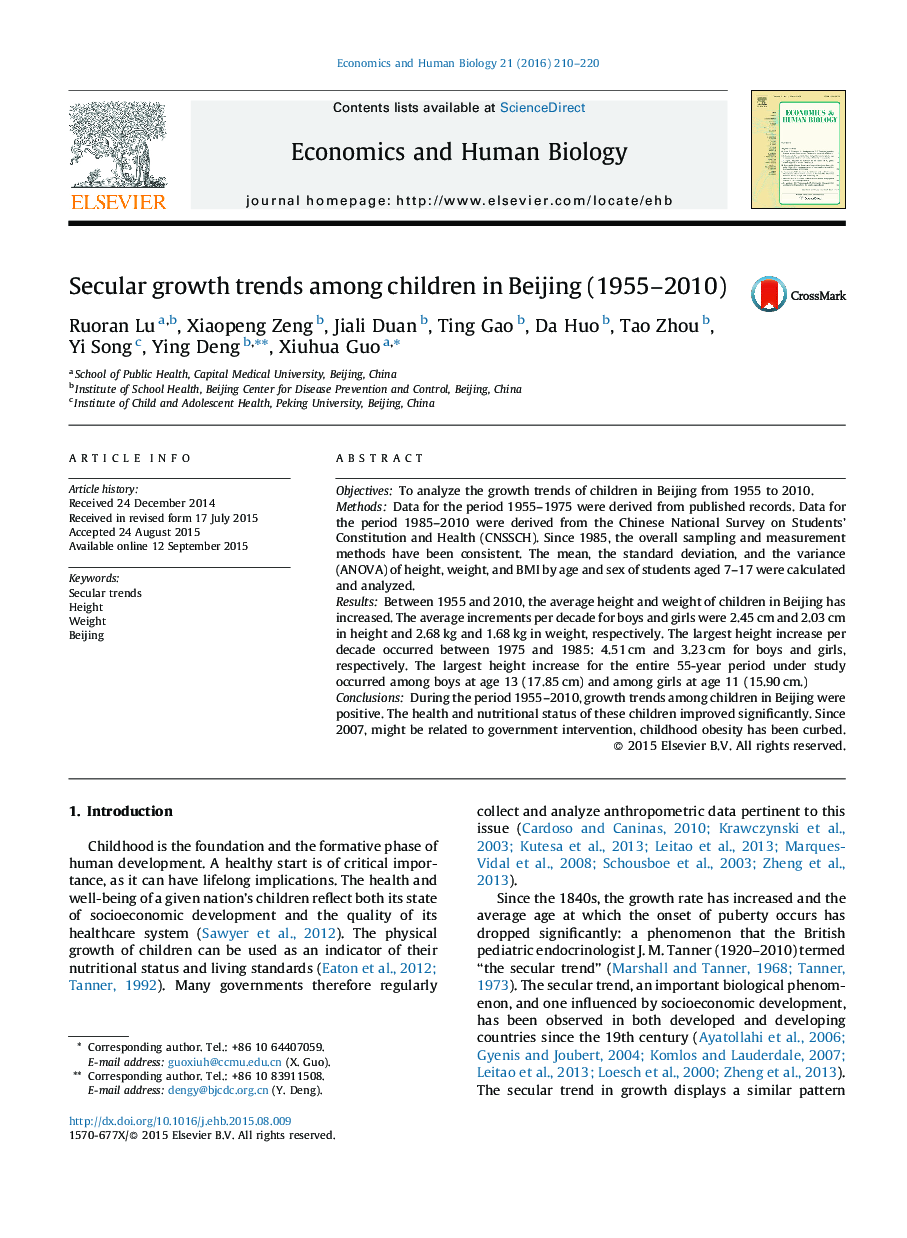 Secular growth trends among children in Beijing (1955-2010)