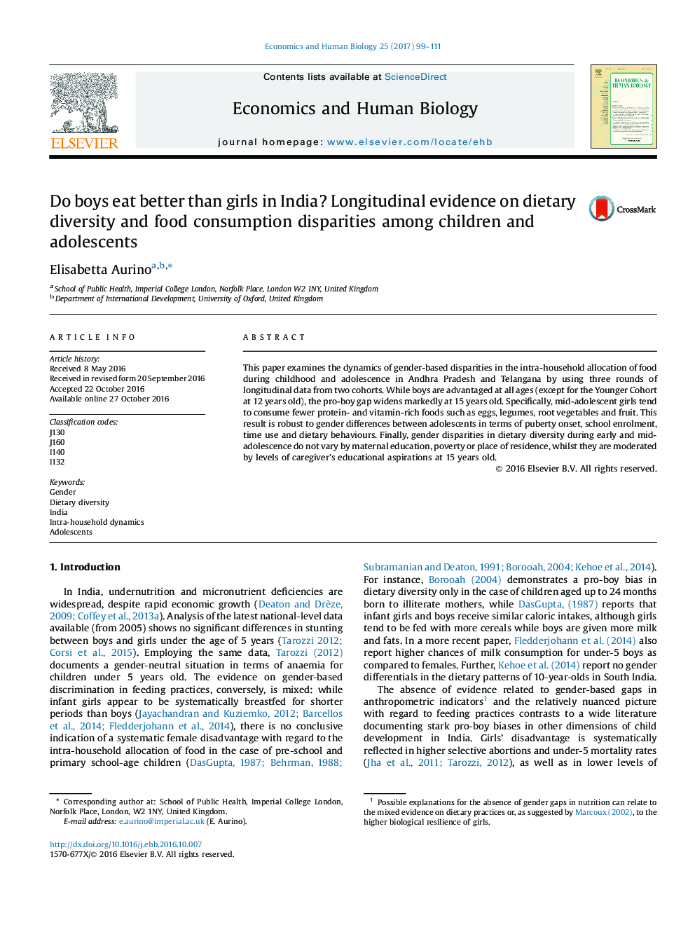 آیا پسران بهتر از دختران در هند می خورند؟ شواهد طولانی در مورد تنوع غذایی و تنوع مصرف مواد غذایی در کودکان و نوجوانان 