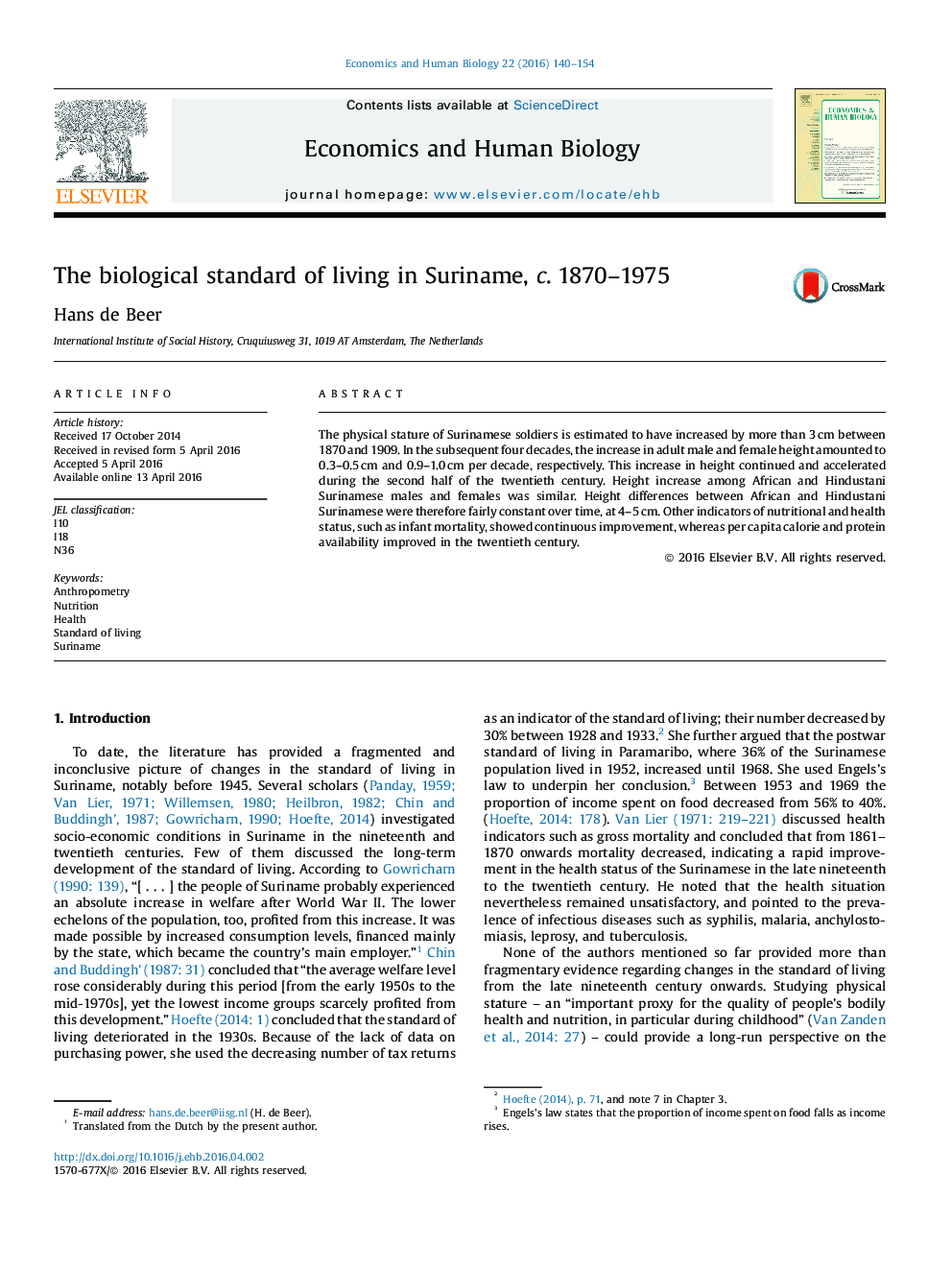 The biological standard of living in Suriname, c. 1870-1975