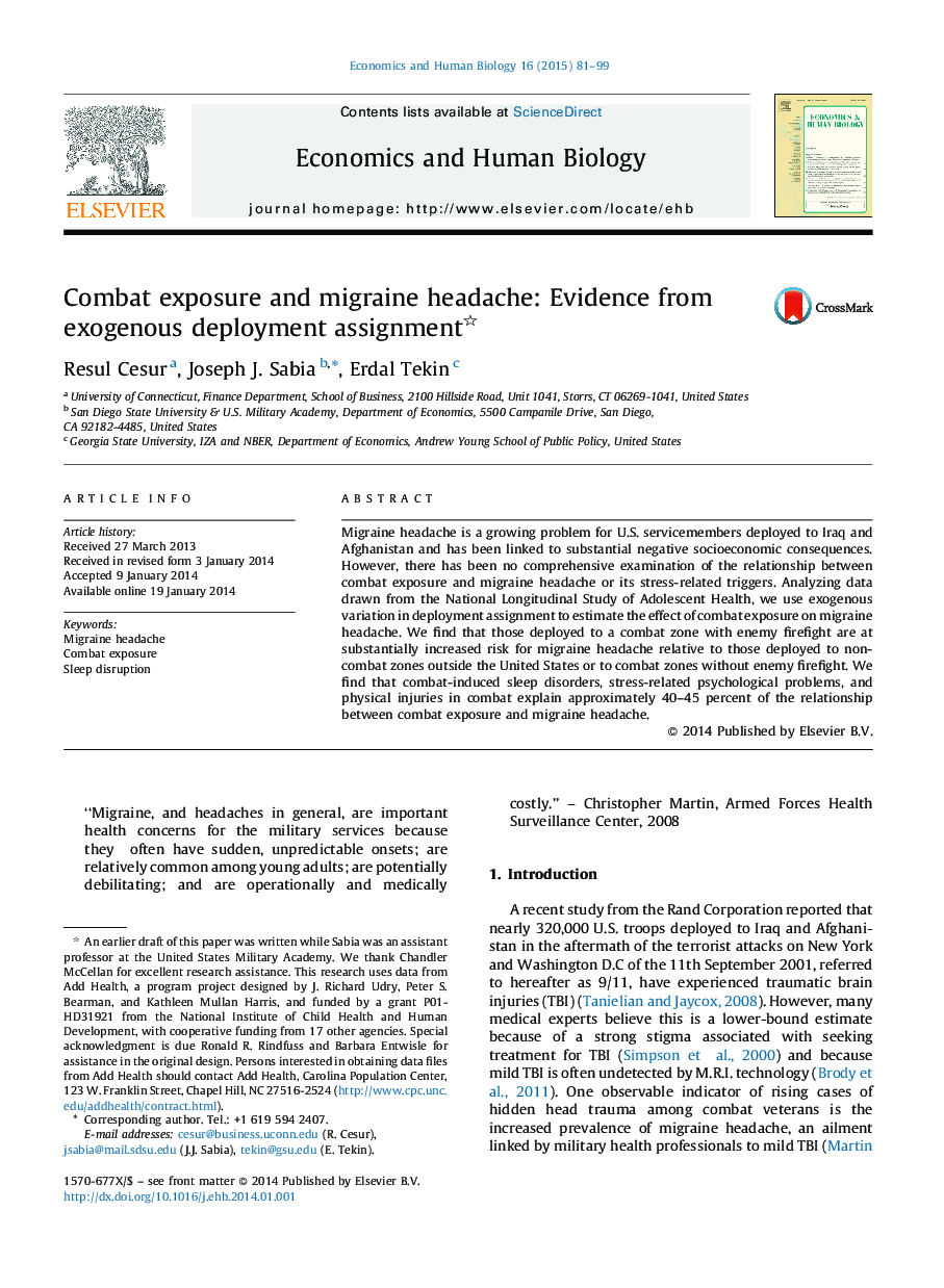 Combat exposure and migraine headache: Evidence from exogenous deployment assignment 