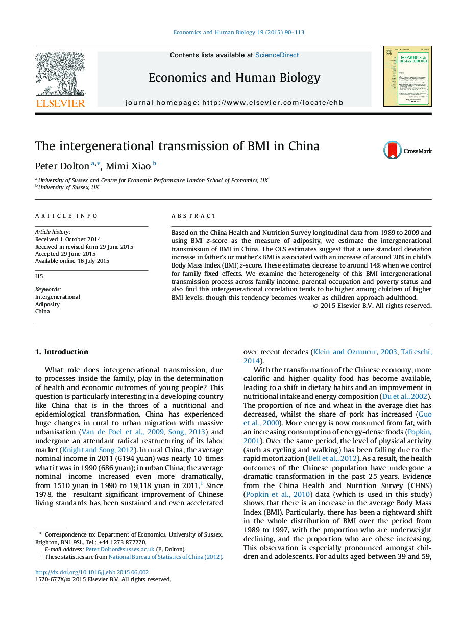 The intergenerational transmission of BMI in China