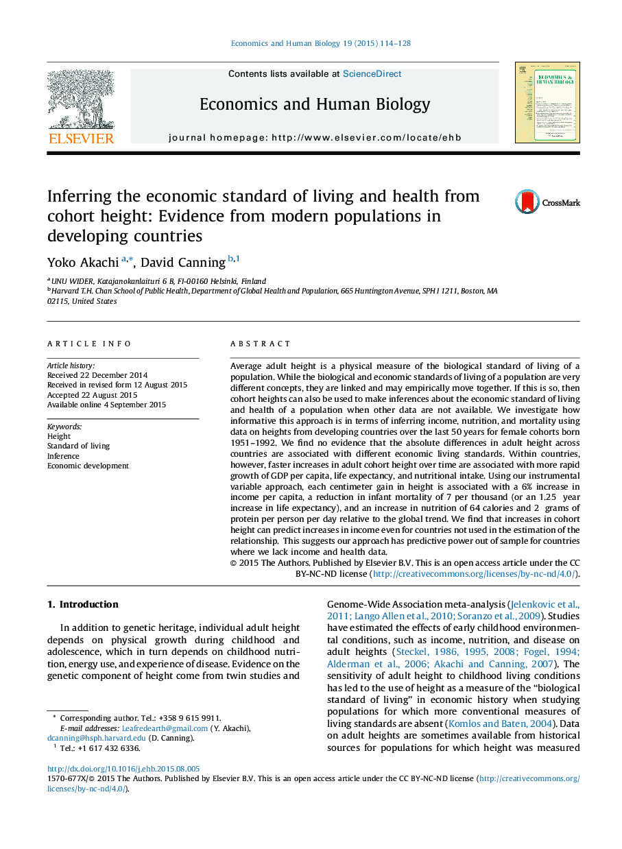 Inferring the economic standard of living and health from cohort height: Evidence from modern populations in developing countries