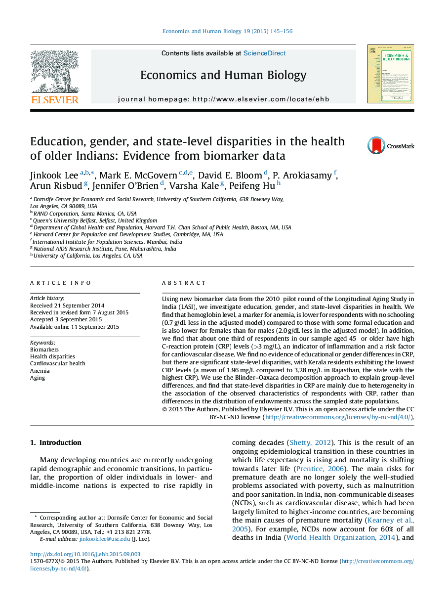 Education, gender, and state-level disparities in the health of older Indians: Evidence from biomarker data