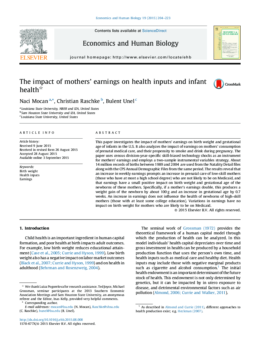 The impact of mothers' earnings on health inputs and infant health