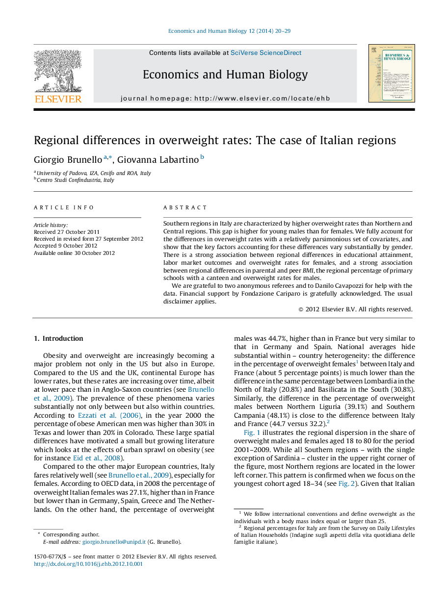 Regional differences in overweight rates: The case of Italian regions