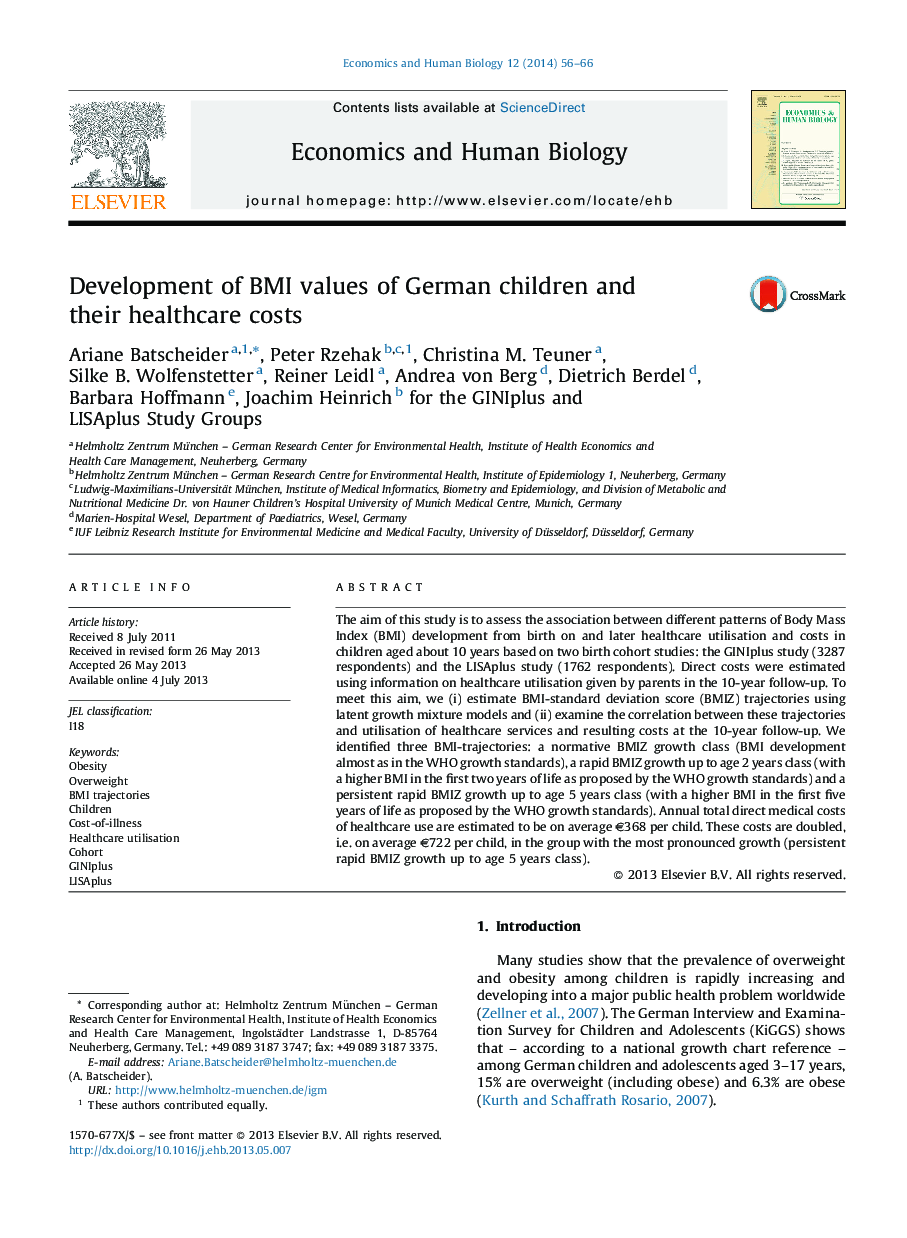 Development of BMI values of German children and their healthcare costs