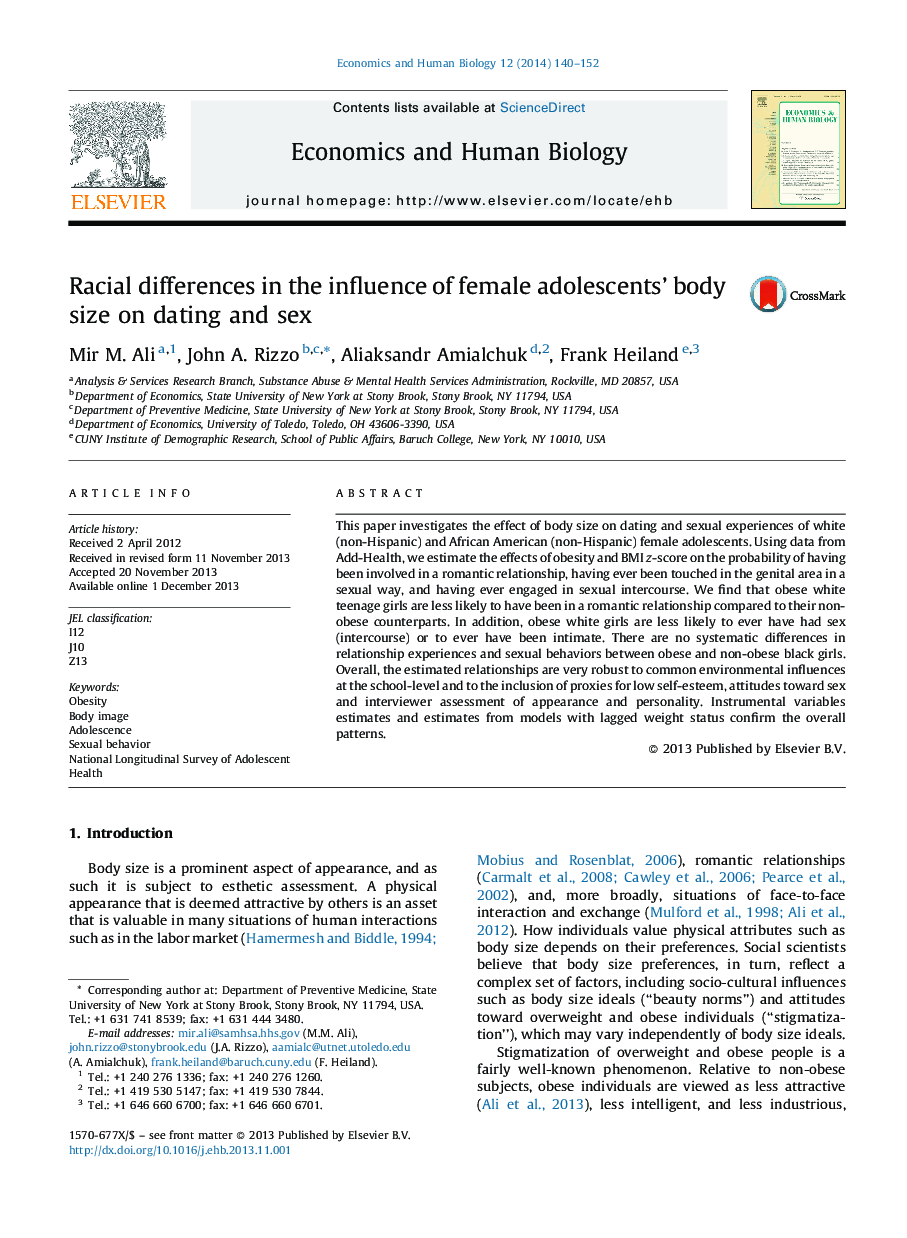 Racial differences in the influence of female adolescents’ body size on dating and sex