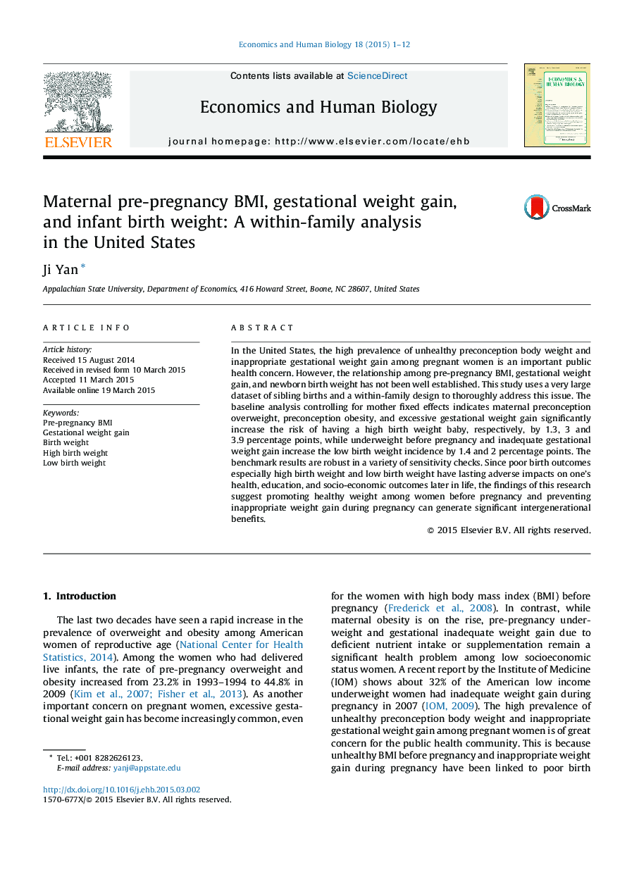 Maternal pre-pregnancy BMI, gestational weight gain, and infant birth weight: A within-family analysis in the United States