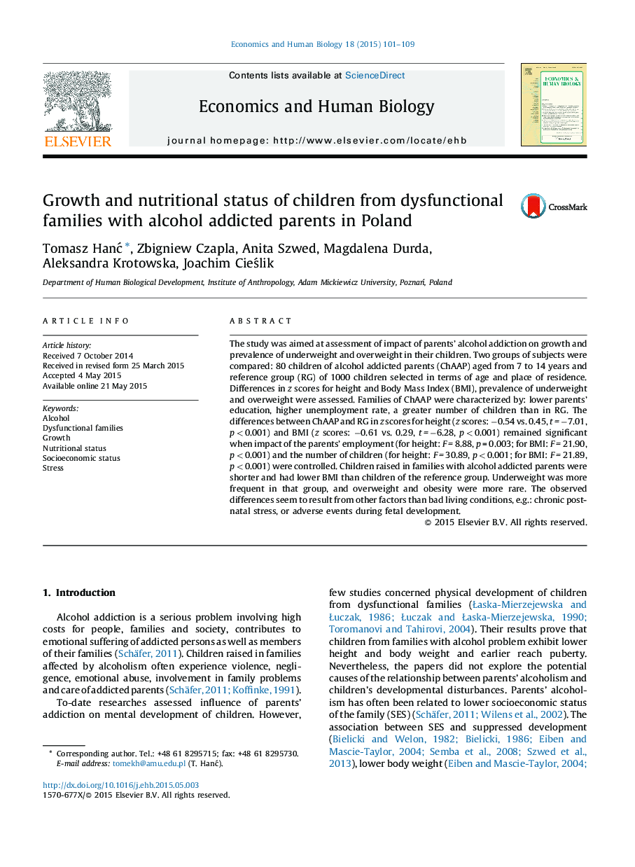 Growth and nutritional status of children from dysfunctional families with alcohol addicted parents in Poland