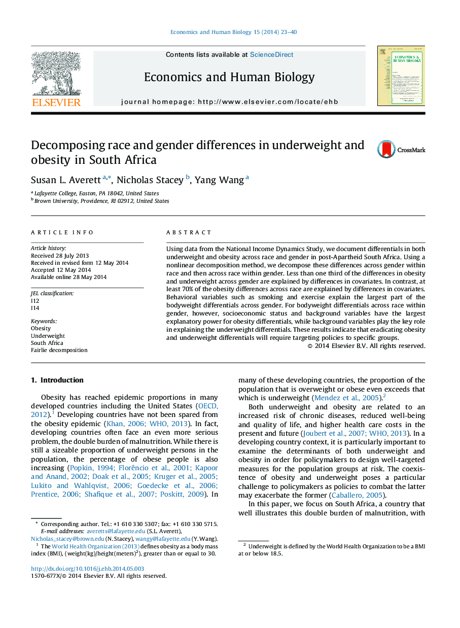 Decomposing race and gender differences in underweight and obesity in South Africa