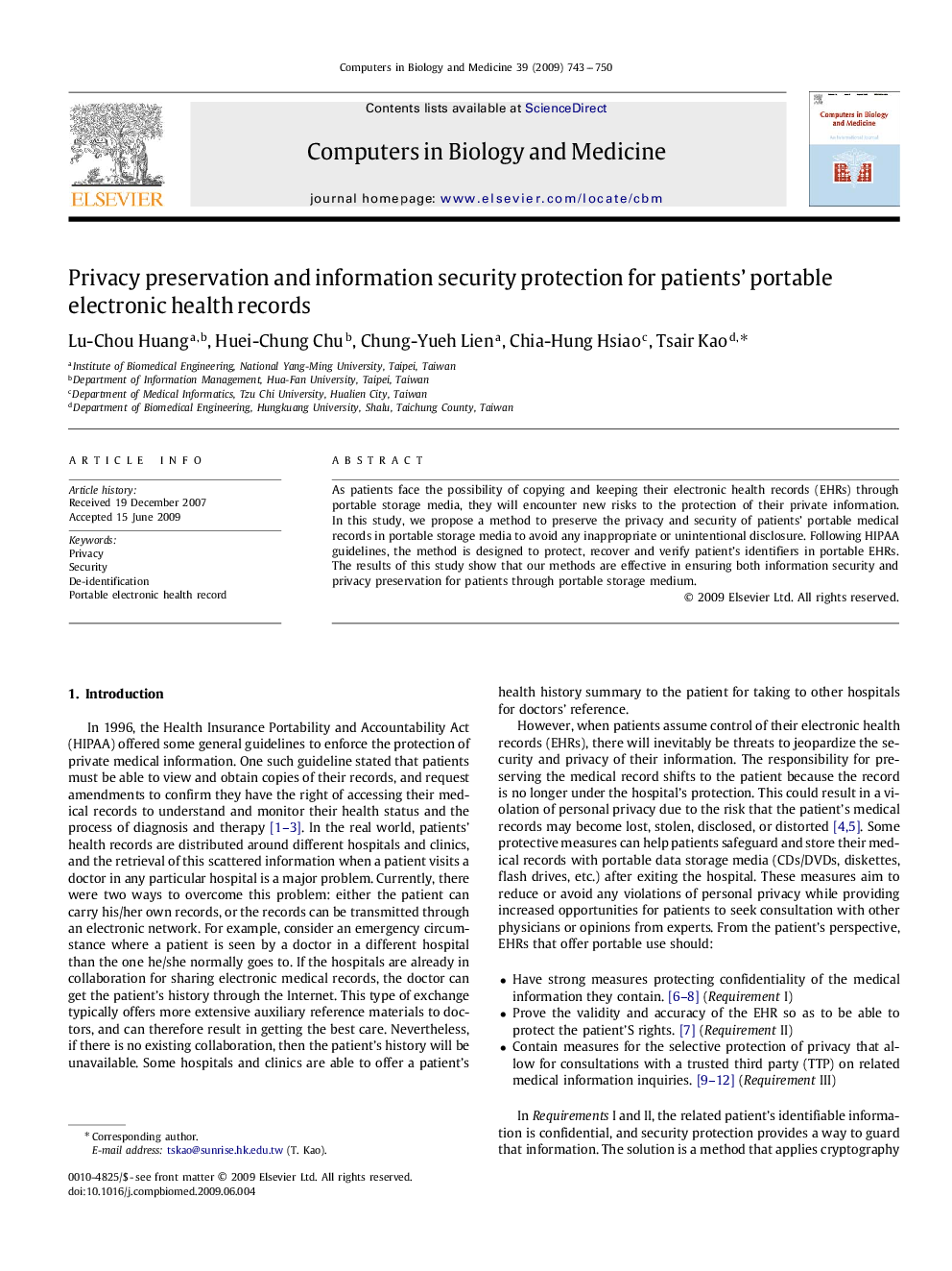 Privacy preservation and information security protection for patients’ portable electronic health records