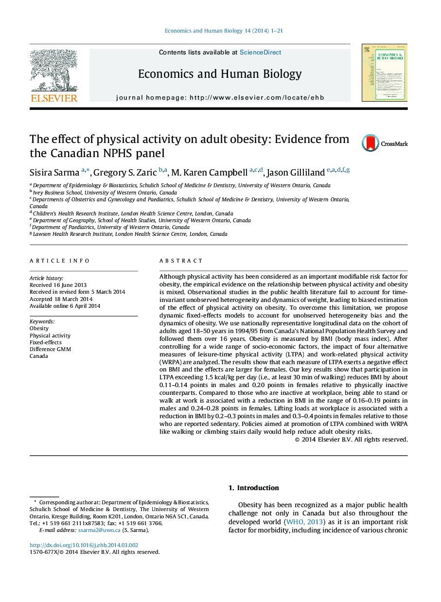 The effect of physical activity on adult obesity: Evidence from the Canadian NPHS panel