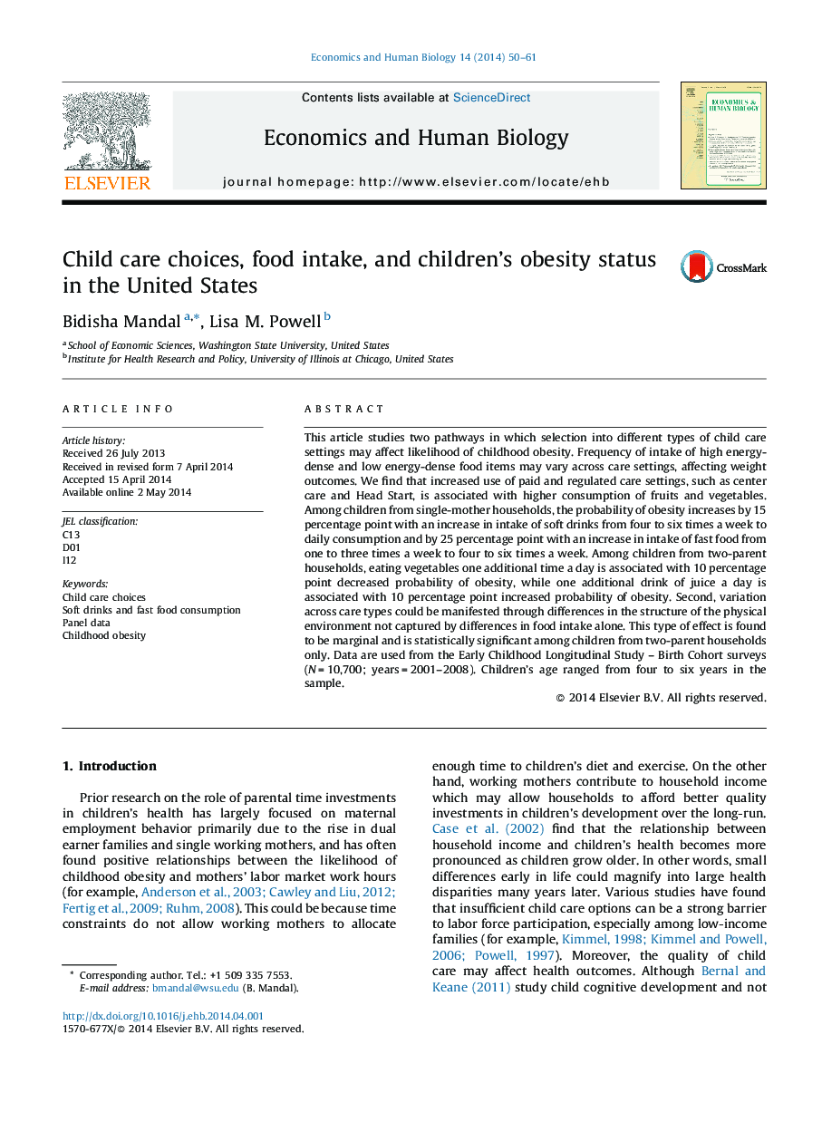 Child care choices, food intake, and children's obesity status in the United States