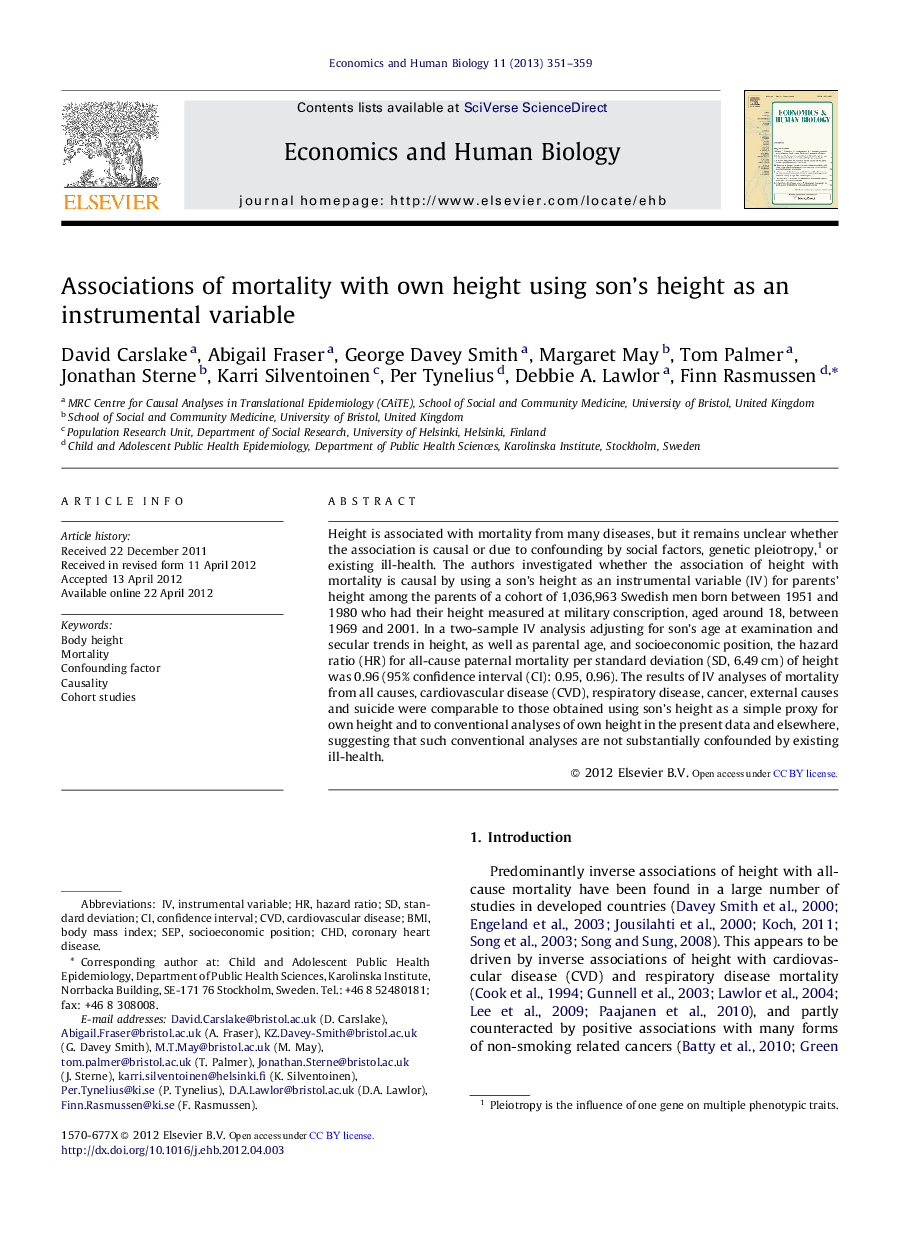 Associations of mortality with own height using son's height as an instrumental variable