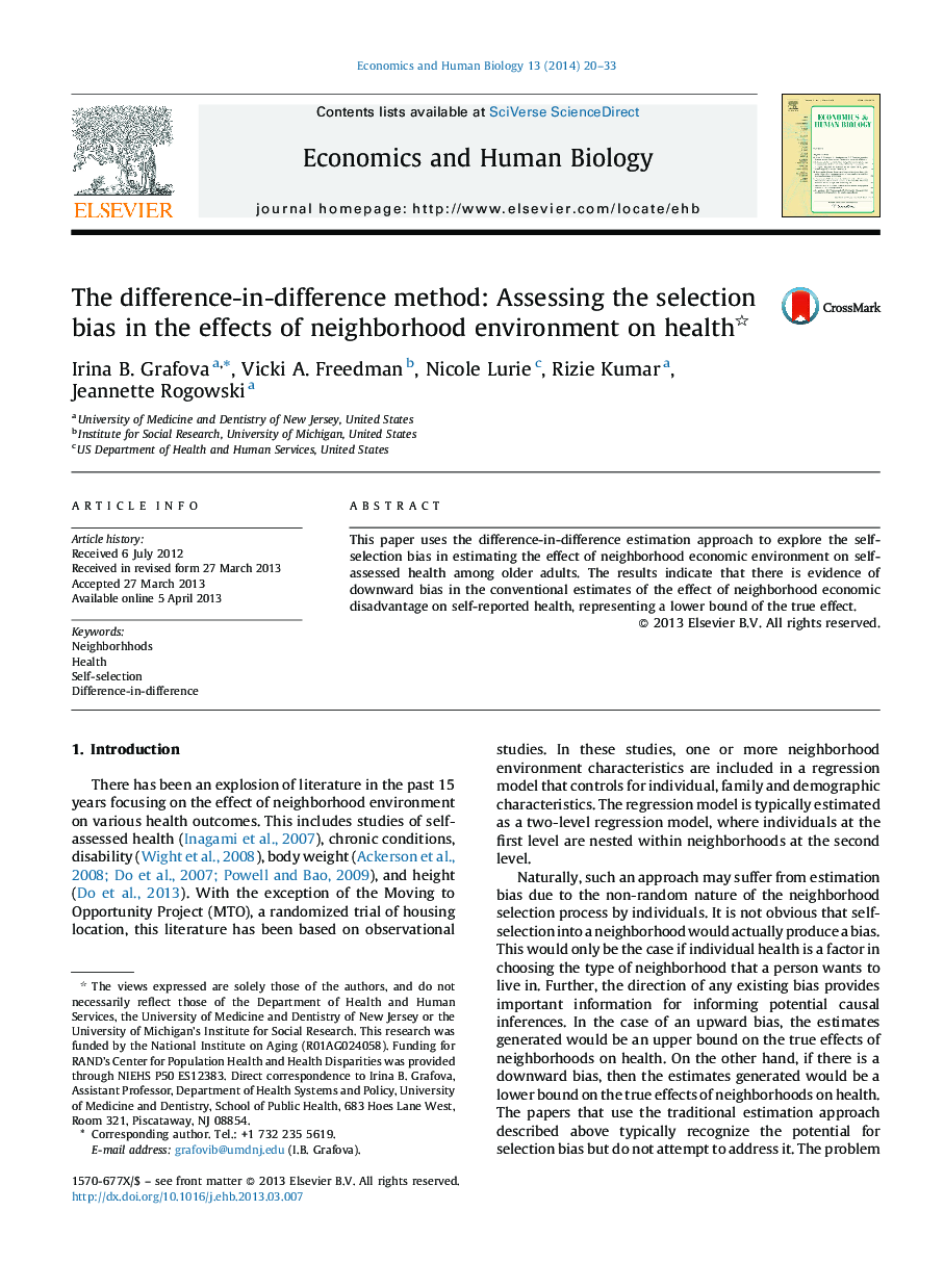 The difference-in-difference method: Assessing the selection bias in the effects of neighborhood environment on health