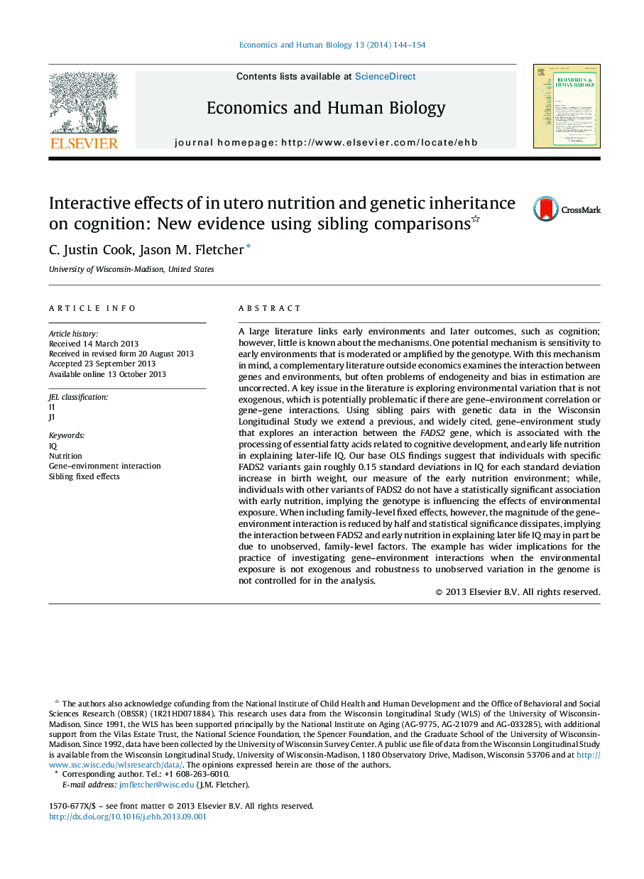 Interactive effects of in utero nutrition and genetic inheritance on cognition: New evidence using sibling comparisons