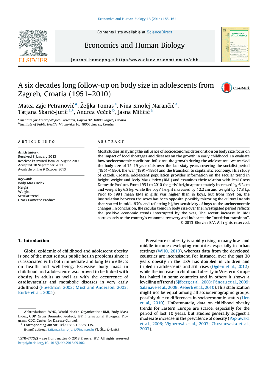 A six decades long follow-up on body size in adolescents from Zagreb, Croatia (1951-2010)