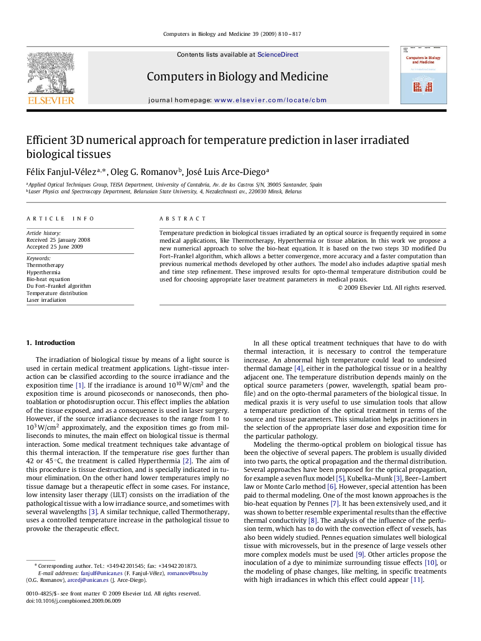 Efficient 3D numerical approach for temperature prediction in laser irradiated biological tissues