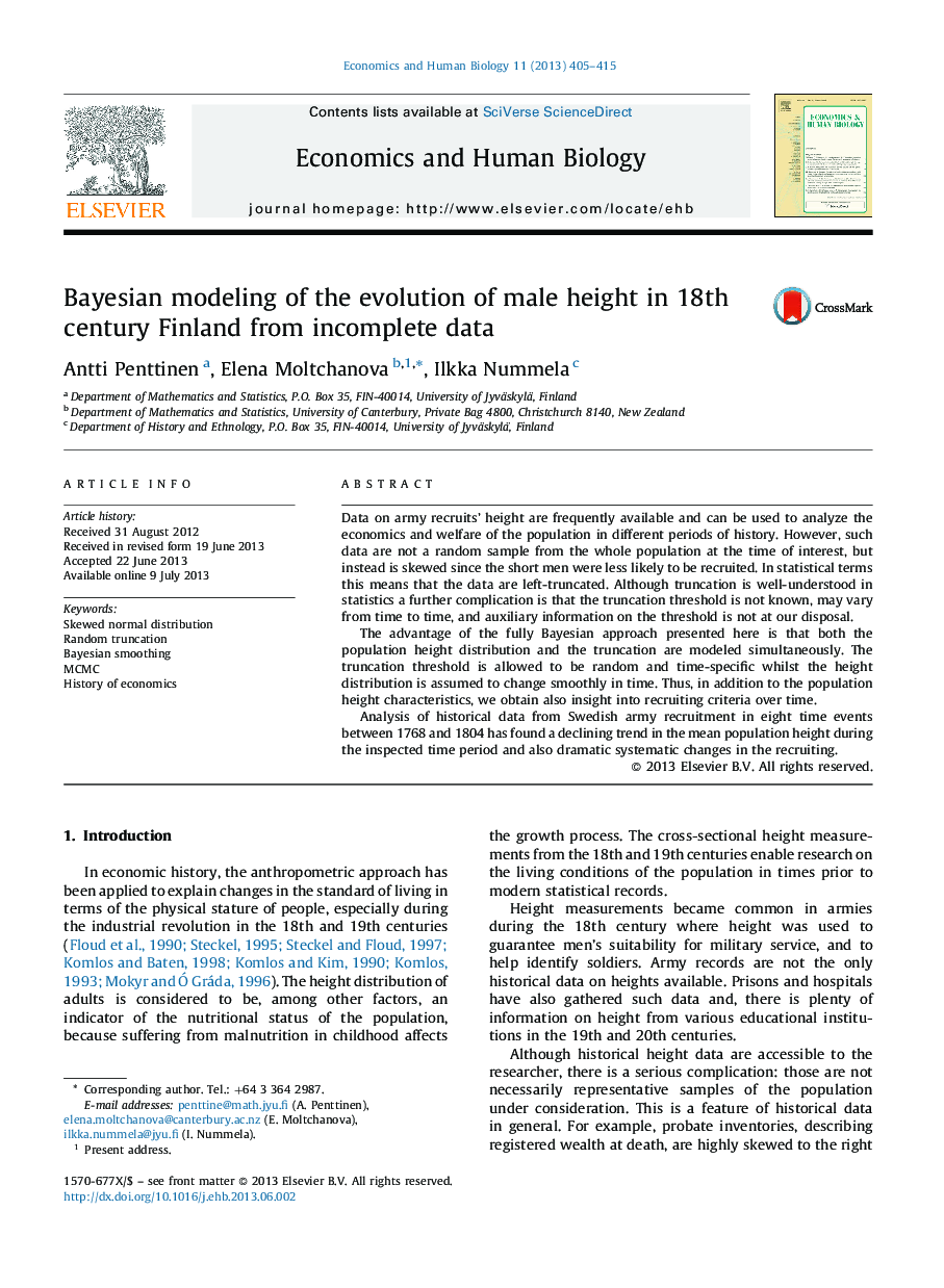 Bayesian modeling of the evolution of male height in 18th century Finland from incomplete data