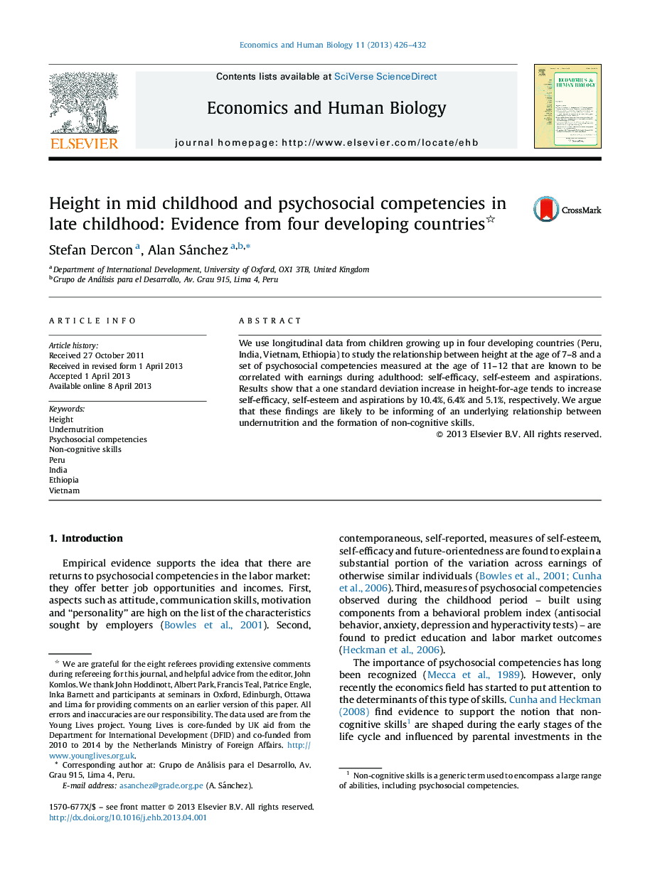 Height in mid childhood and psychosocial competencies in late childhood: Evidence from four developing countries