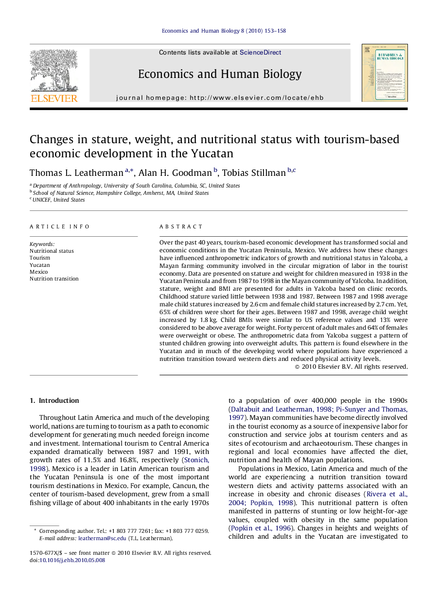 Changes in stature, weight, and nutritional status with tourism-based economic development in the Yucatan