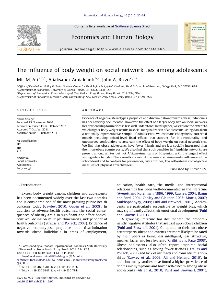 The influence of body weight on social network ties among adolescents