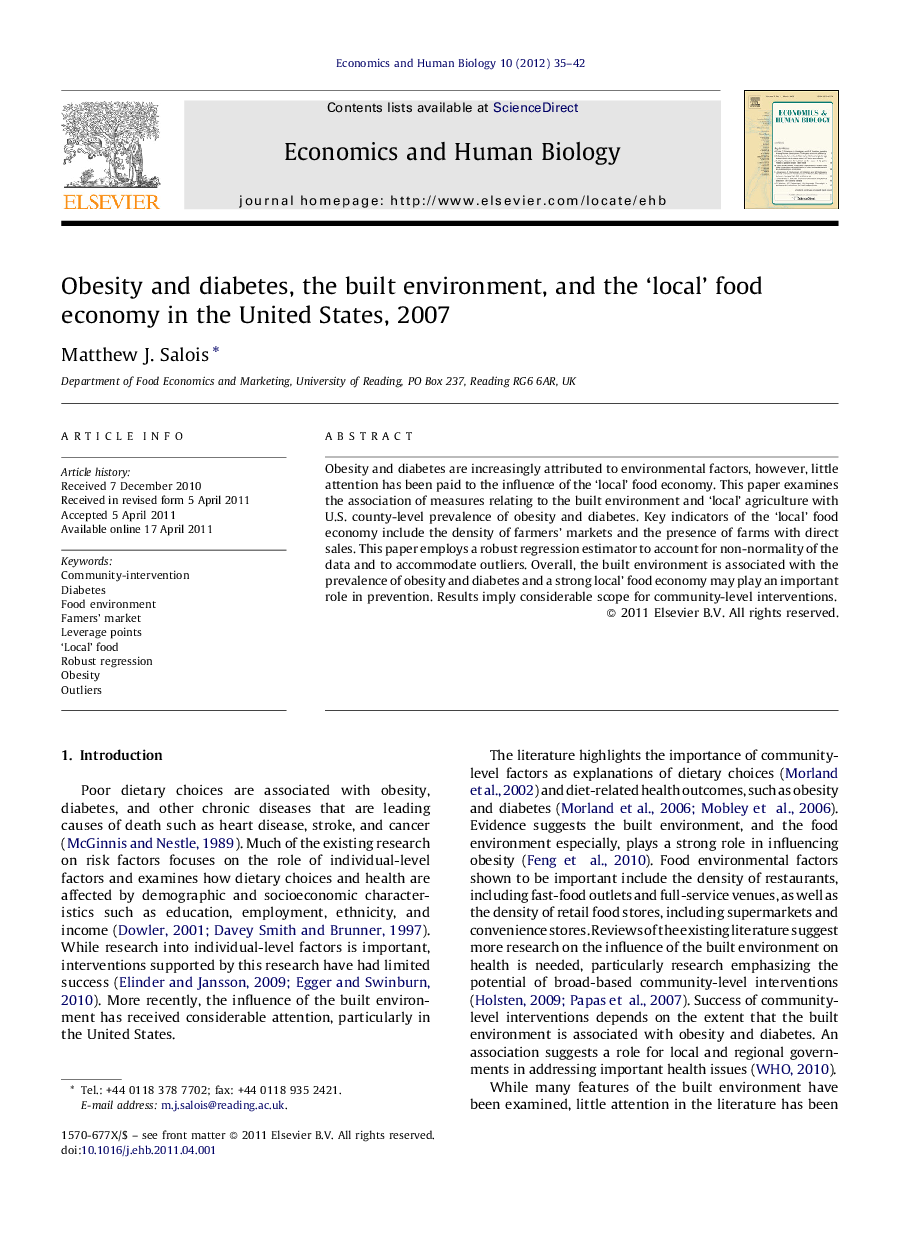 Obesity and diabetes, the built environment, and the 'local' food economy in the United States, 2007