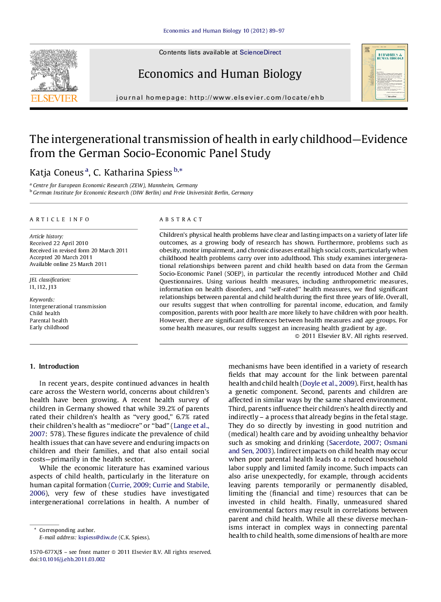 The intergenerational transmission of health in early childhood-Evidence from the German Socio-Economic Panel Study