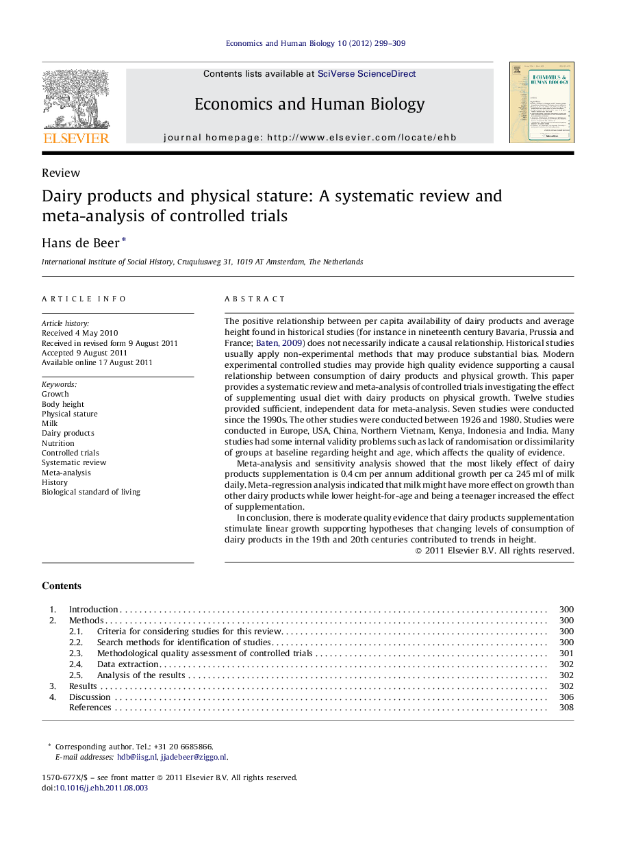 Dairy products and physical stature: A systematic review and meta-analysis of controlled trials