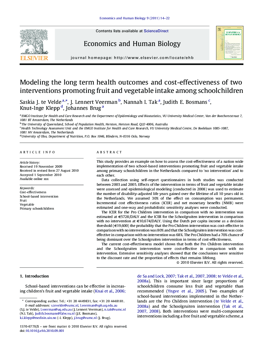 Modeling the long term health outcomes and cost-effectiveness of two interventions promoting fruit and vegetable intake among schoolchildren