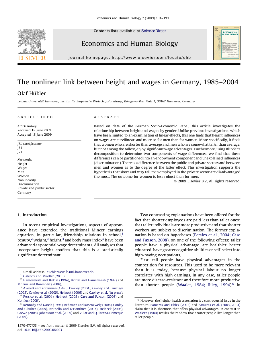 The nonlinear link between height and wages in Germany, 1985-2004