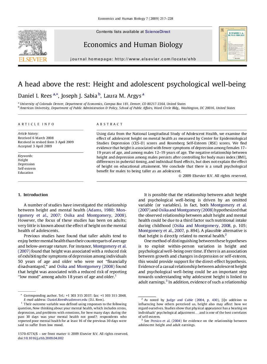 A head above the rest: Height and adolescent psychological well-being