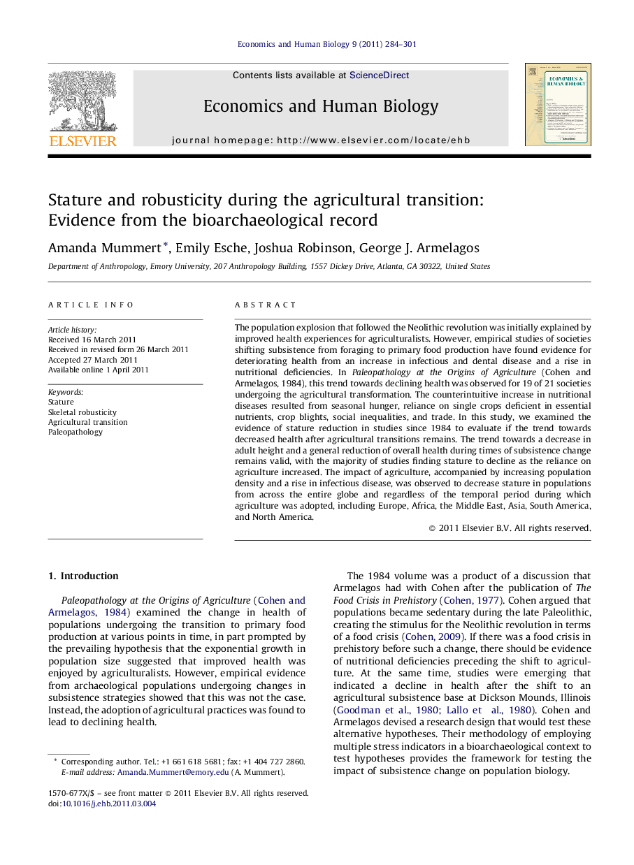 Stature and robusticity during the agricultural transition: Evidence from the bioarchaeological record