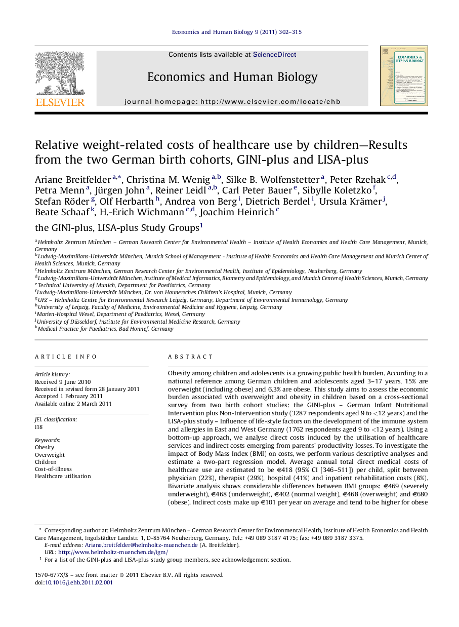 Relative weight-related costs of healthcare use by children-Results from the two German birth cohorts, GINI-plus and LISA-plus