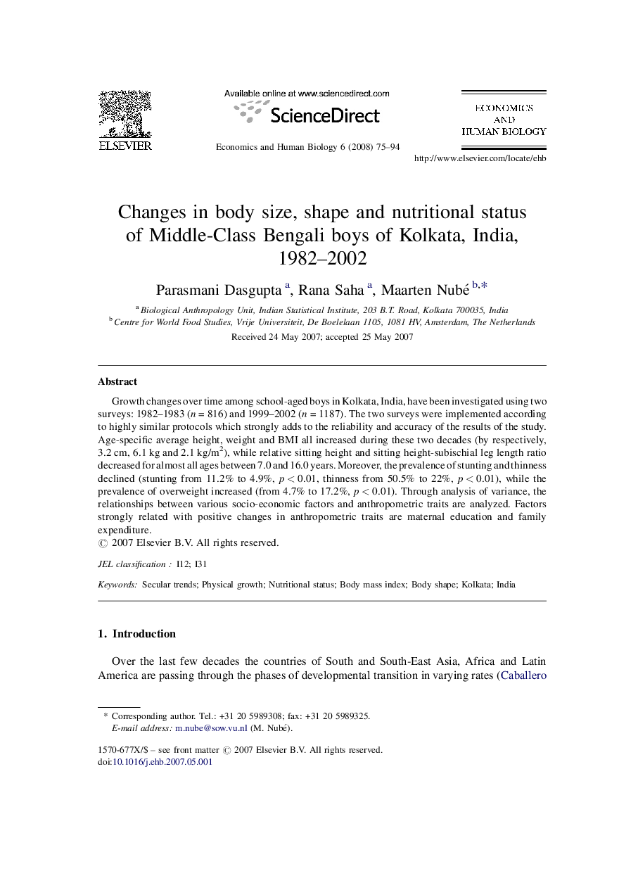 Changes in body size, shape and nutritional status of Middle-Class Bengali boys of Kolkata, India, 1982-2002