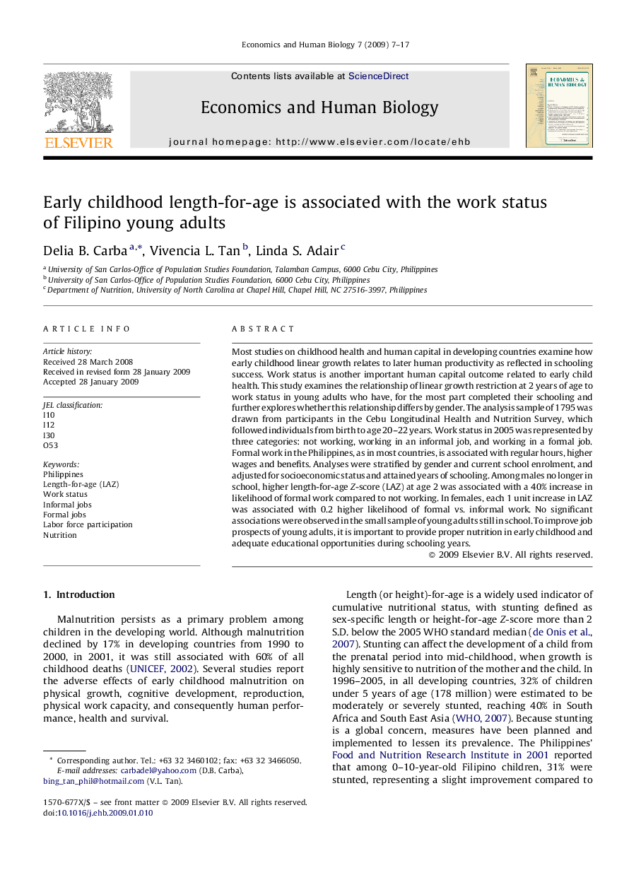 Early childhood length-for-age is associated with the work status of Filipino young adults