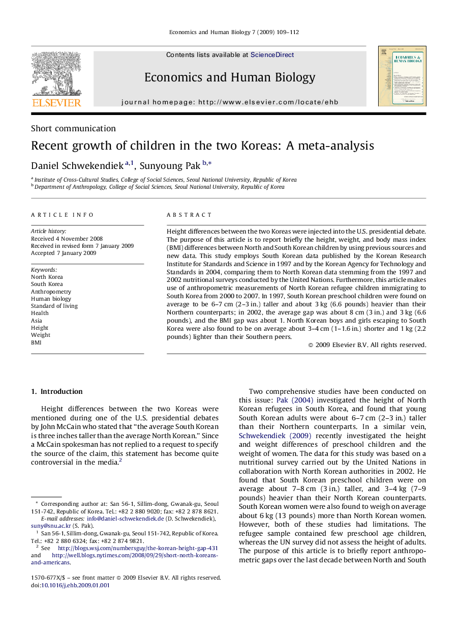 Recent growth of children in the two Koreas: A meta-analysis