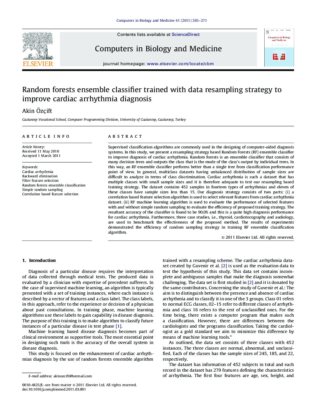 Random forests ensemble classifier trained with data resampling strategy to improve cardiac arrhythmia diagnosis