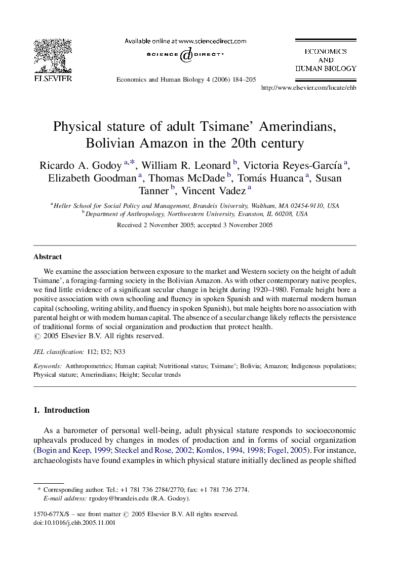 Physical stature of adult Tsimane' Amerindians, Bolivian Amazon in the 20th century