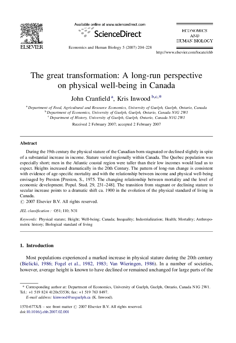 The great transformation: A long-run perspective on physical well-being in Canada