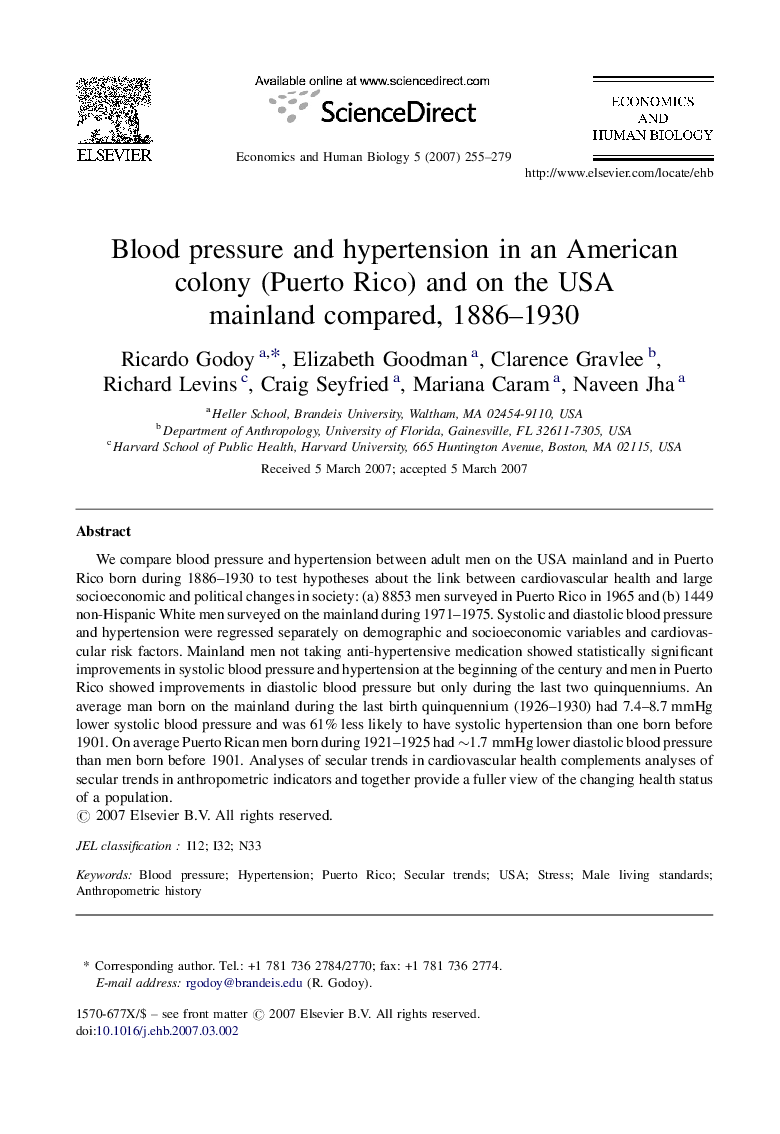 Blood pressure and hypertension in an American colony (Puerto Rico) and on the USA mainland compared, 1886-1930