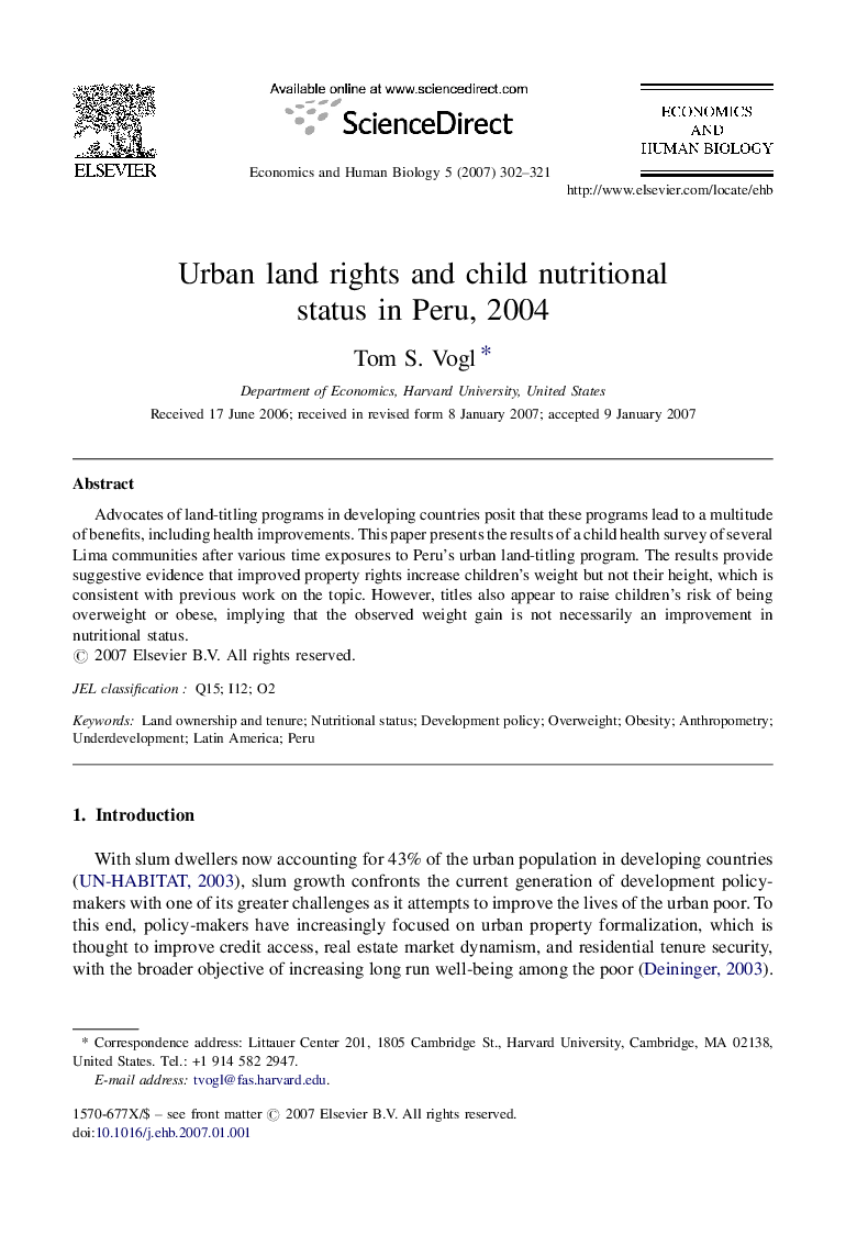 Urban land rights and child nutritional status in Peru, 2004