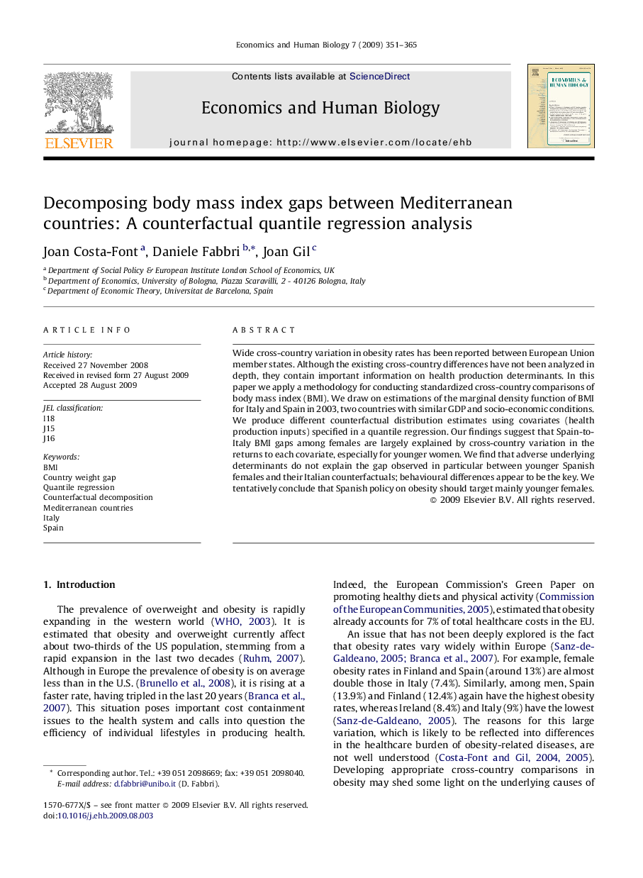 Decomposing body mass index gaps between Mediterranean countries: A counterfactual quantile regression analysis