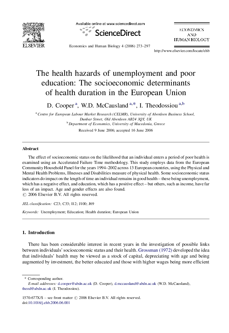 The health hazards of unemployment and poor education: The socioeconomic determinants of health duration in the European Union
